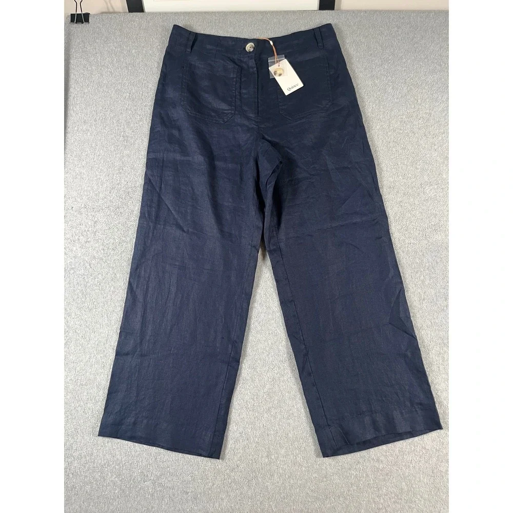 NWT! Quince Womens Navy 100% European Linen Patch Pocket Wide Leg Pants Size 12
